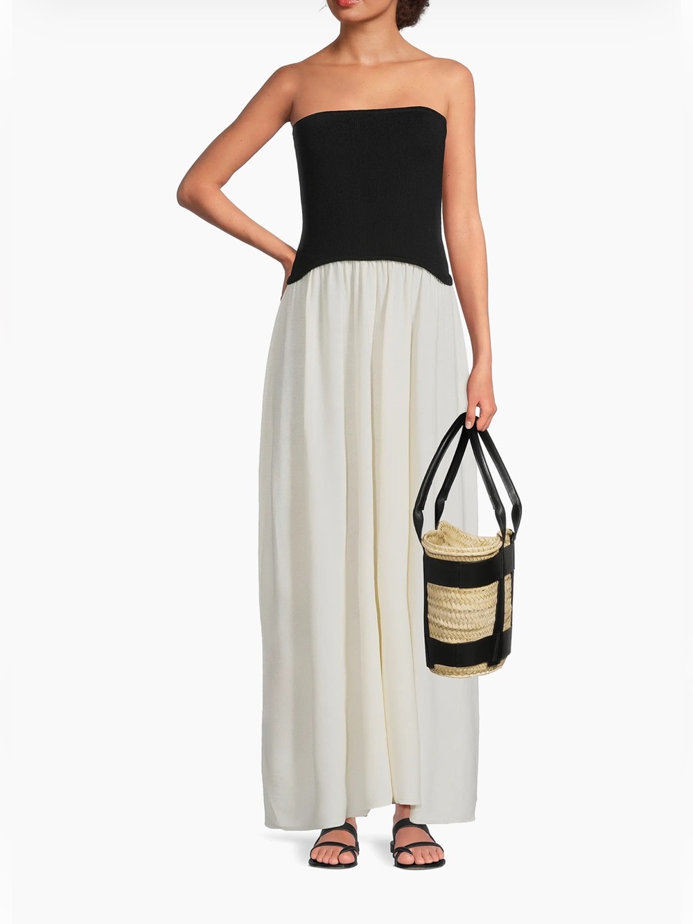 SOLID & STRIPED Black and Cream Strapless Maxi Dress